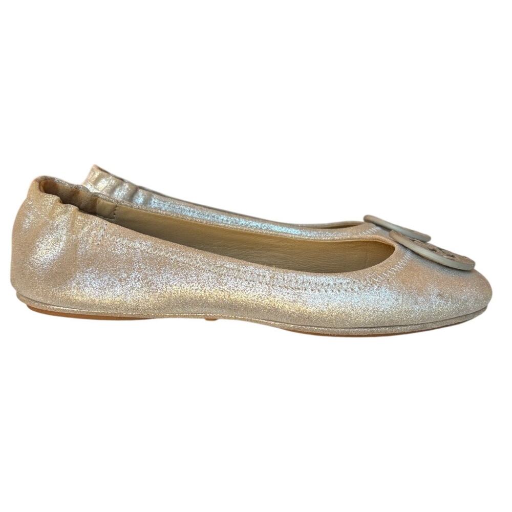 Tory Burch "Minnie" Leather Travel Ballet Flats w Metallic Silver Finish size 8 - Picture 2 of 15
